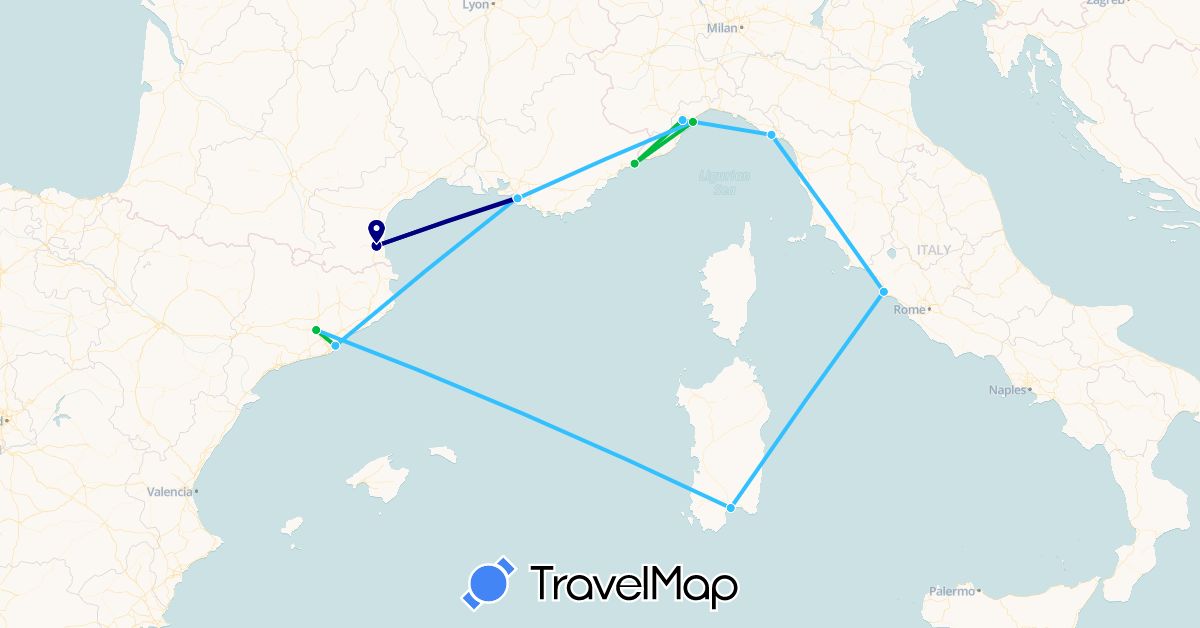 TravelMap itinerary: driving, bus, boat in Spain, France, Italy, Monaco (Europe)